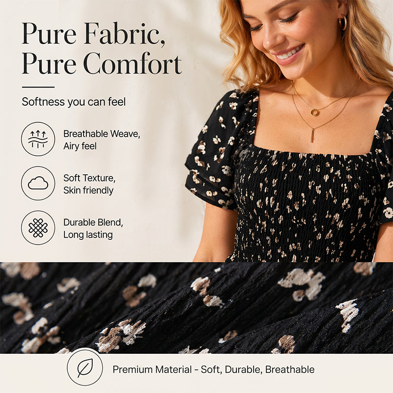 🌈2026 Summer Hot Sale 50% OFF!✨Square Neck Floral Midi Dress – Smocked Bodice, Flowy Tiered Skirt, Romantic 🌸