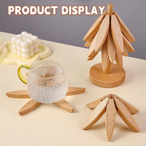 Protect Tables Instantly! Gravity-Activated Wooden Tree Trivet Set