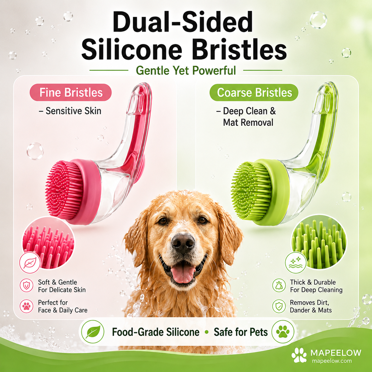 Pet bath brush with a long handle and shampoo dispenser