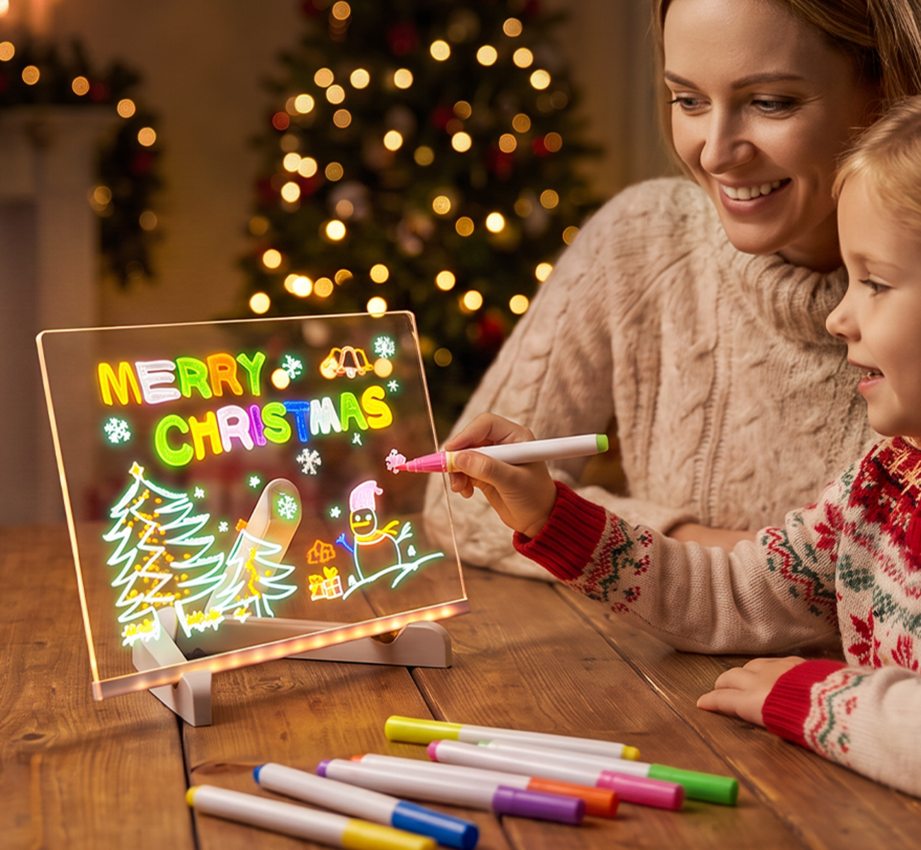 Mother and daughter using LED drawing board