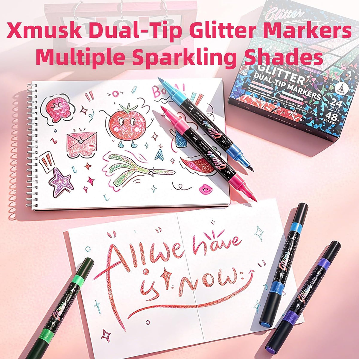🔥 50% OFF ✨ Glitter Dual-Tip Brush Markers – 24–96 Colours for Sparkling Art & Lettering