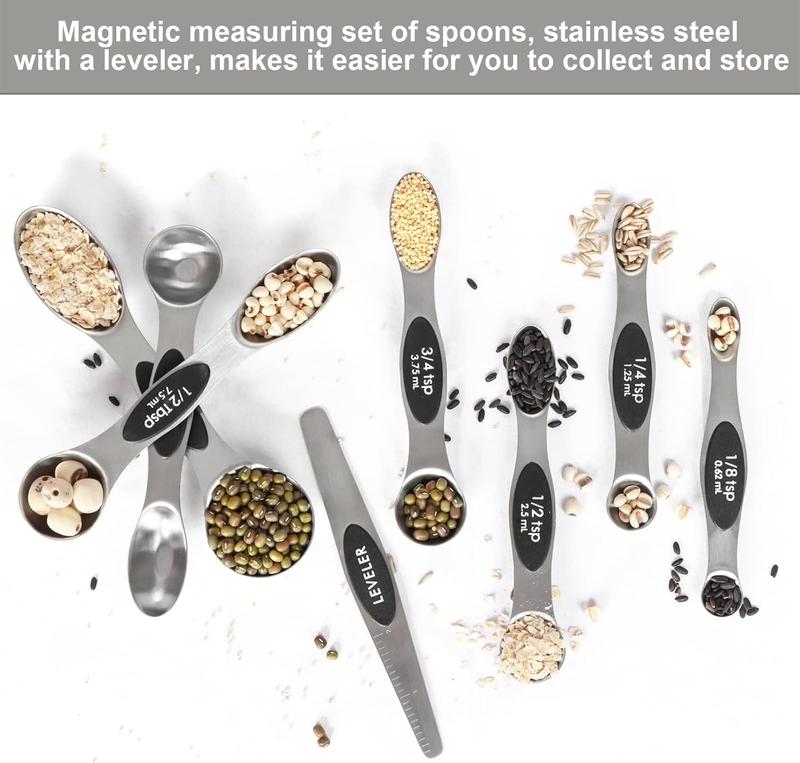 Stainless Steel Magnetic Spoons 7 Set with Leveler for Baking, Stackable Metallic Spice Kitchen Utensils and Gadgets Measure Cups Measuring