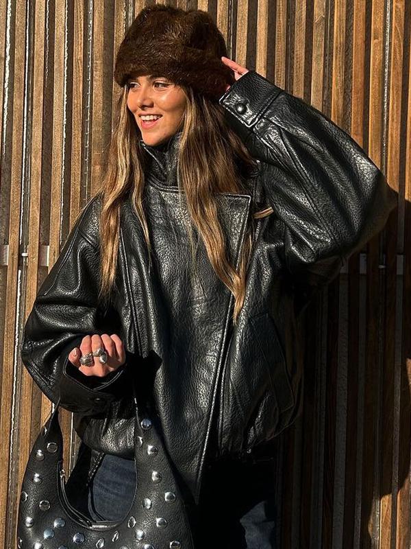 ⚡Faux Leather Stand Collar Oversized Moto Jacket