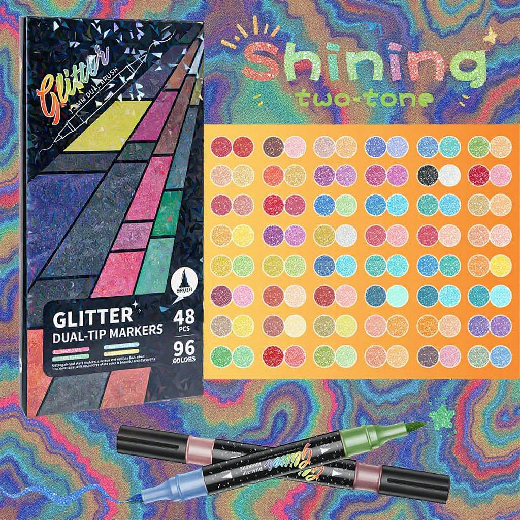 🎨Glitter Effect Brush Markers🥇✨: Create Sparkling Art Smoothly 🥳(🌈24-96 Colors | Smooth No Clog | No Bleed Through📝)