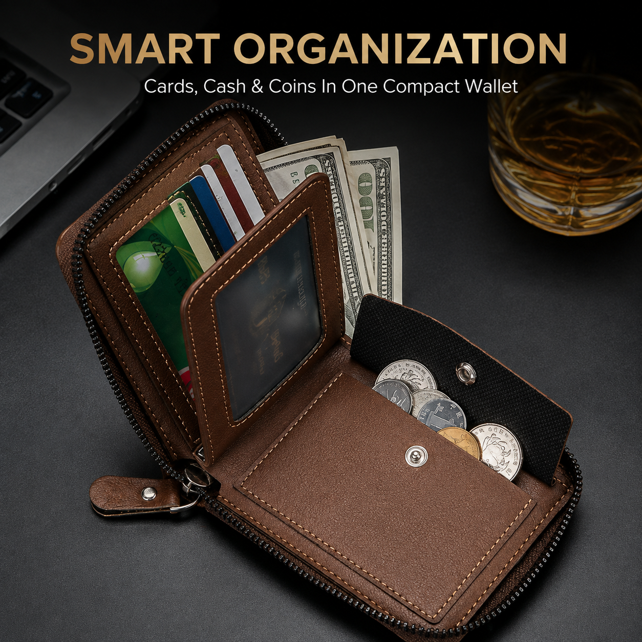 Men's Short Vintage Wallet with Full Zip Closure and Trifold Design