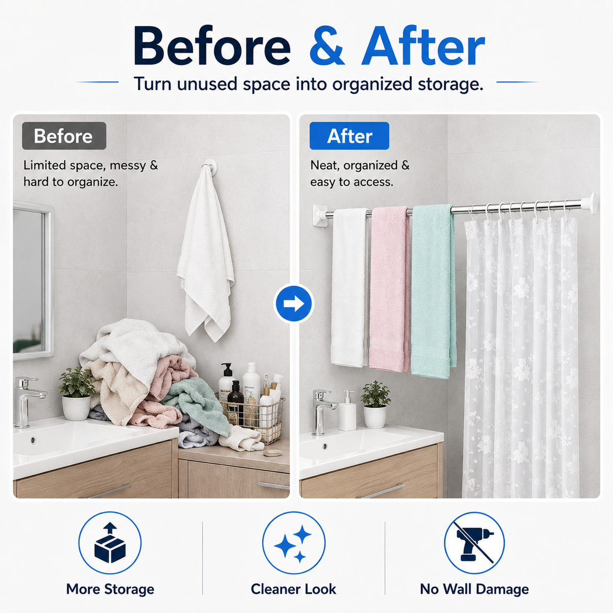 🧺 Save 50%! 👔 Telescopic Clothing Rod, No Drill Extendable Clothes Hanging Bar for Wardrobe & Bathroom ✨