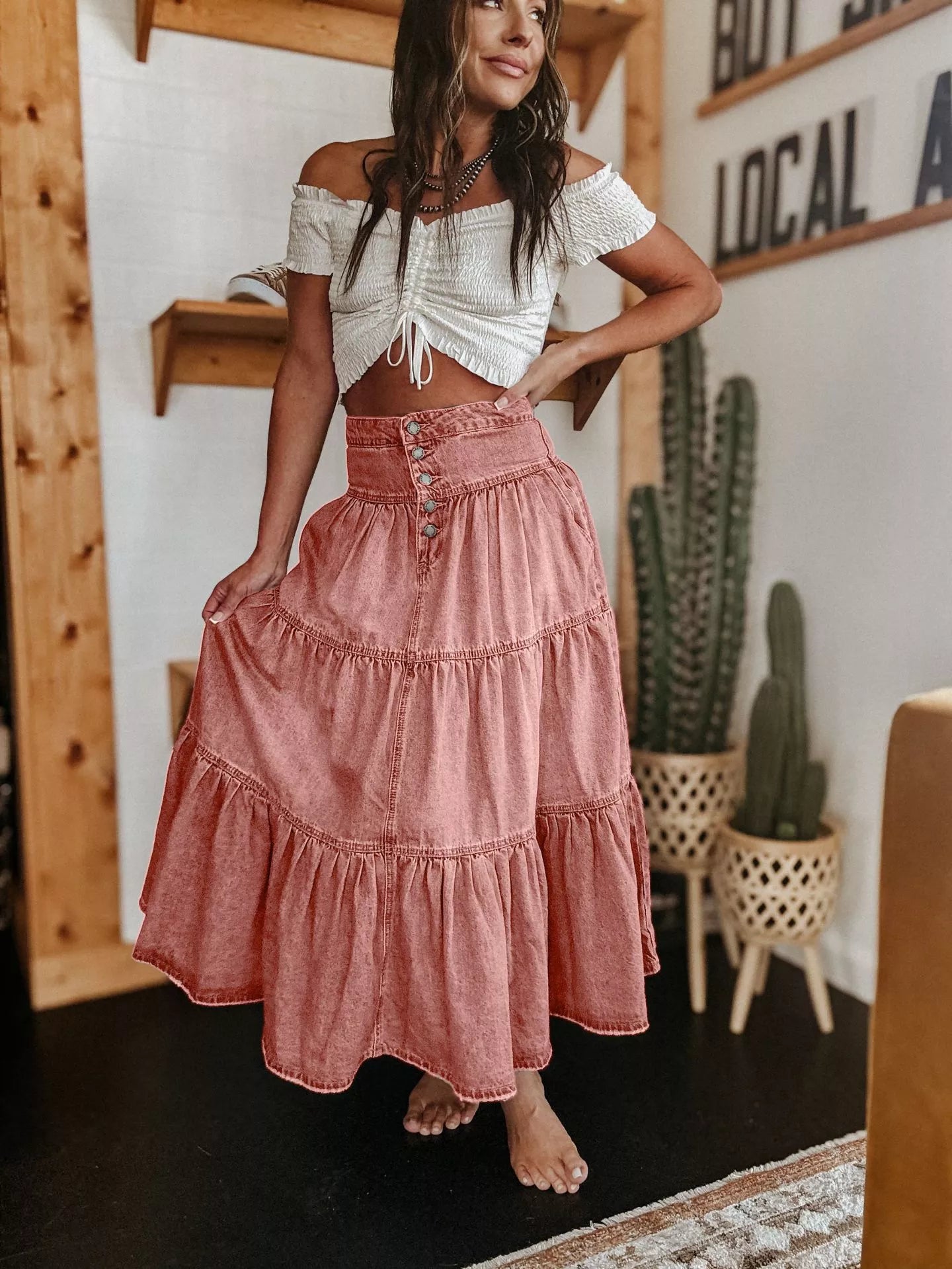 Women's High Waisted Tiered A-Line Denim Maxi Skirt