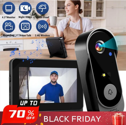Wireless doorbell camera: 1080P, 170° angle, 4.3-inch screen, IPX65 outdoor waterproof, night vision