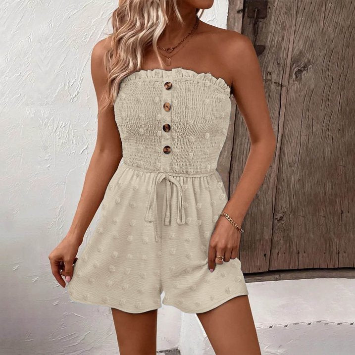 🎉Last Day Promotion 50% OFF💃Women's Strapless Frill Trim Shirred Tie Front Wide Leg Tube Romper