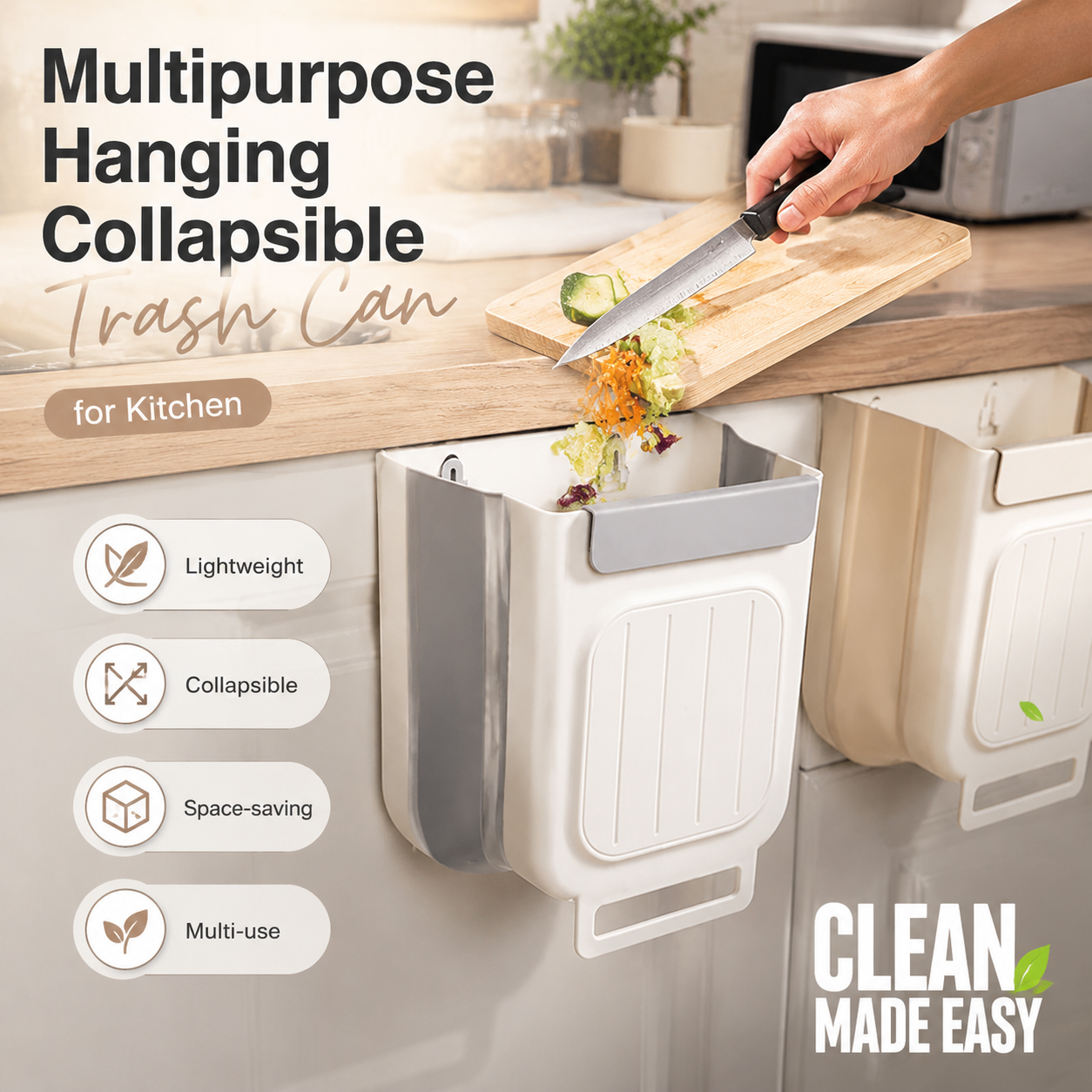🍃50% OFF NOW! Multipurpose Hanging Collapsible Kitchen Trash Can‑Space‑Saving Wall Mount Foldable Waste Bin, Hanging Garbage Container for Food Scraps, Cabinet Door Mount for Home Kitchen Countertop Prep