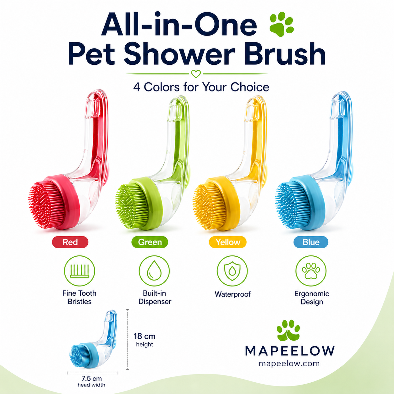 Pet bath brush with a long handle and shampoo dispenser