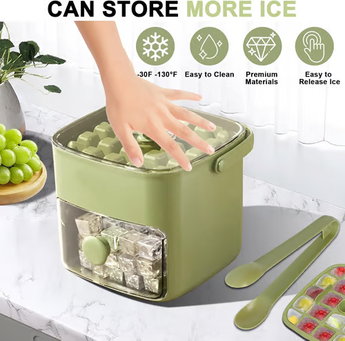 🥳2026 HOT SALE🏖️✅Essential for summer🥤🧊 Ice Cube Maker with Storage – 48 cubes at once, leak‑proof lid. Stackable, saves space. Includes ice scoop & tong.