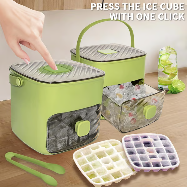 🥳2026 HOT SALE🏖️✅Essential for summer🥤🧊 Ice Cube Maker with Storage – 48 cubes at once, leak‑proof lid. Stackable, saves space. Includes ice scoop & tong.