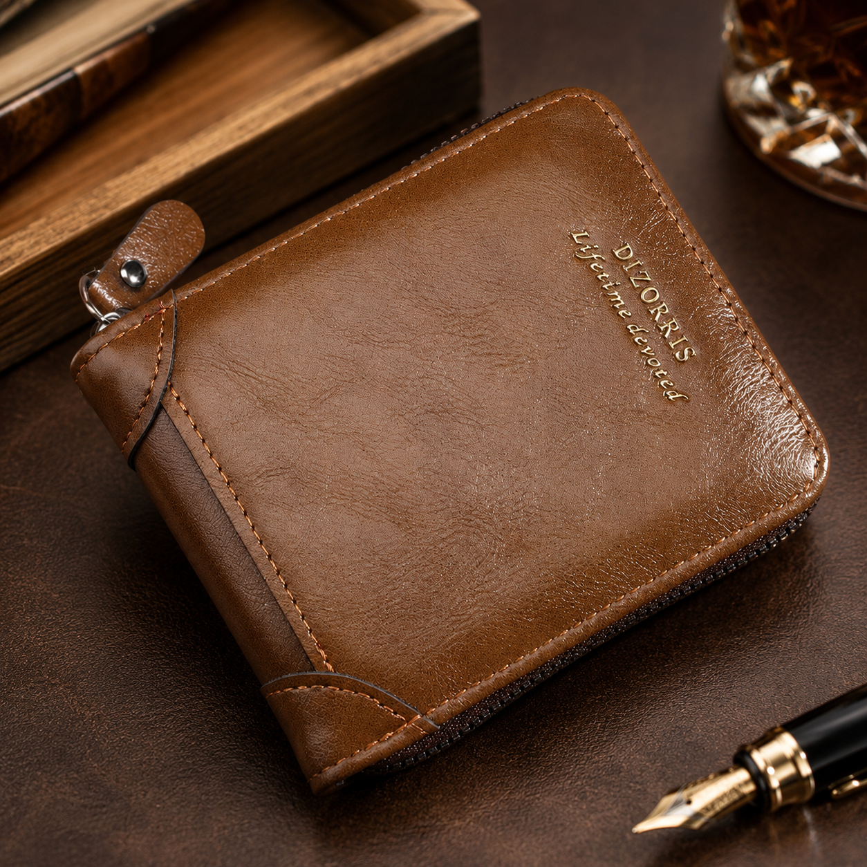 Men's Short Vintage Wallet with Full Zip Closure and Trifold Design