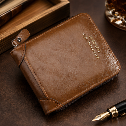 Men's Short Vintage Wallet with Full Zip Closure and Trifold Design