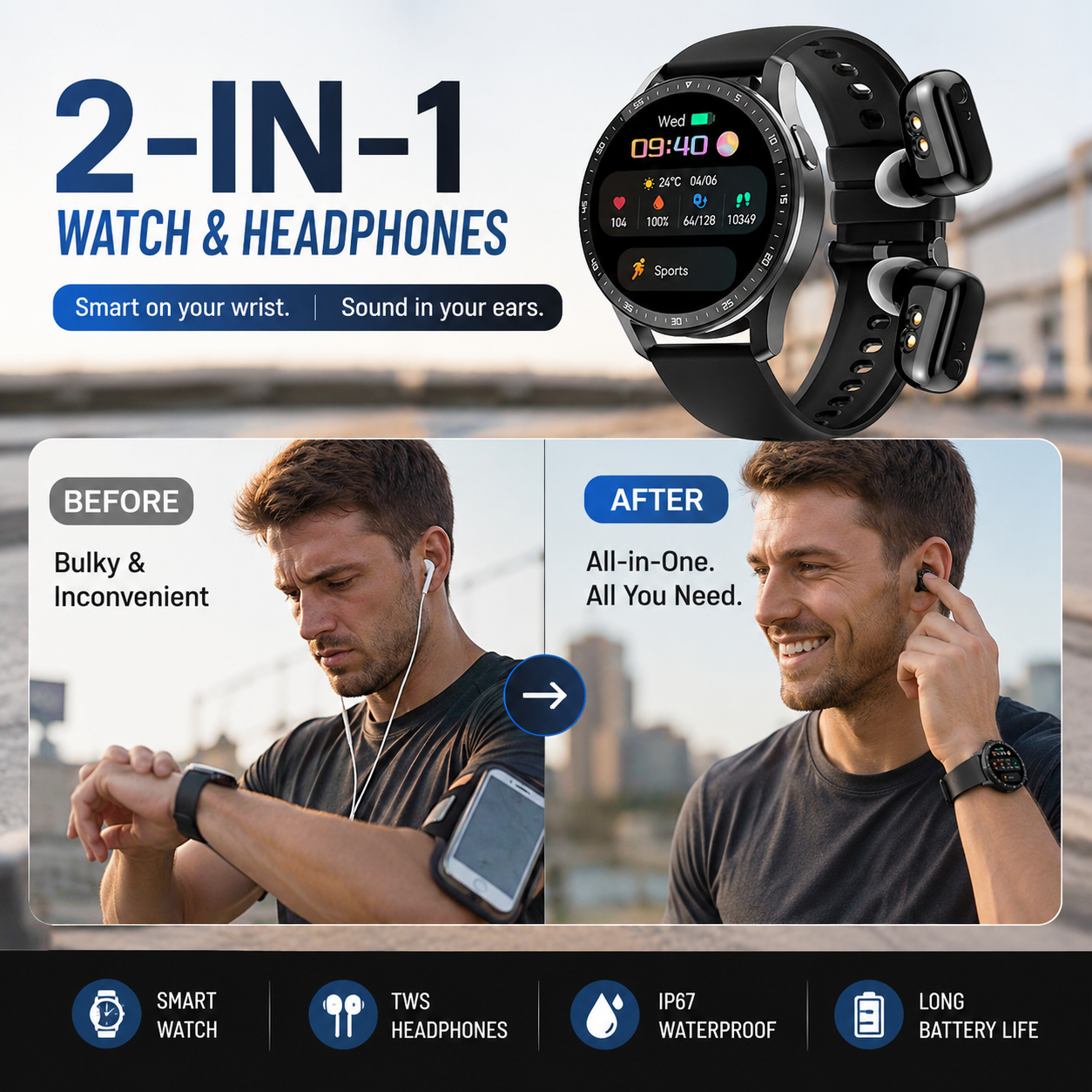 📢📢50% OFF !! ⏰2-in-1 smartwatch with built-in wireless earbuds 🎧️