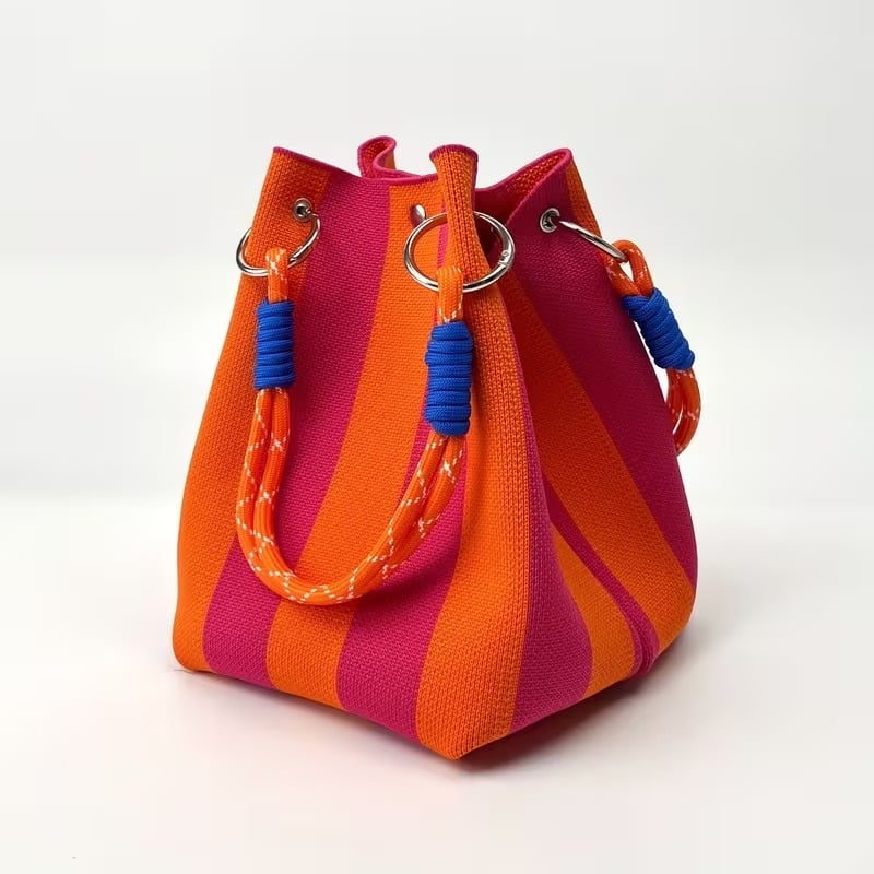 🏆👜 Limited Time Special Price ￡8.99!!✨  Boho Striped Knit Bucket Handbag for Women – Handmade Summer Beach Shoulder Bag