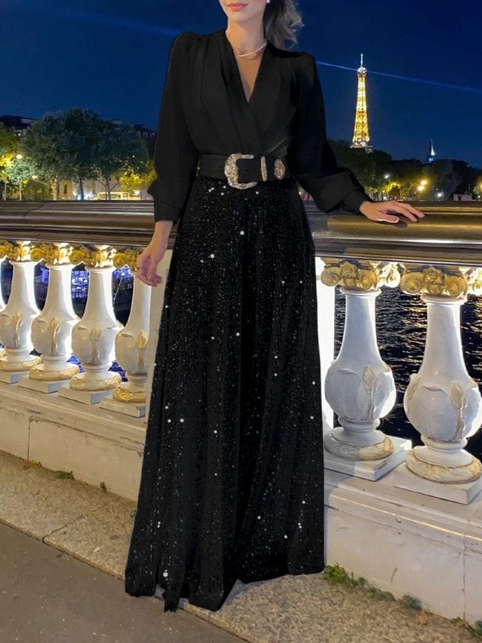 🔥HOT EF💝 Elegant V-Neck Long Sleeve Shirt with Wide Sequin Jumpsuit