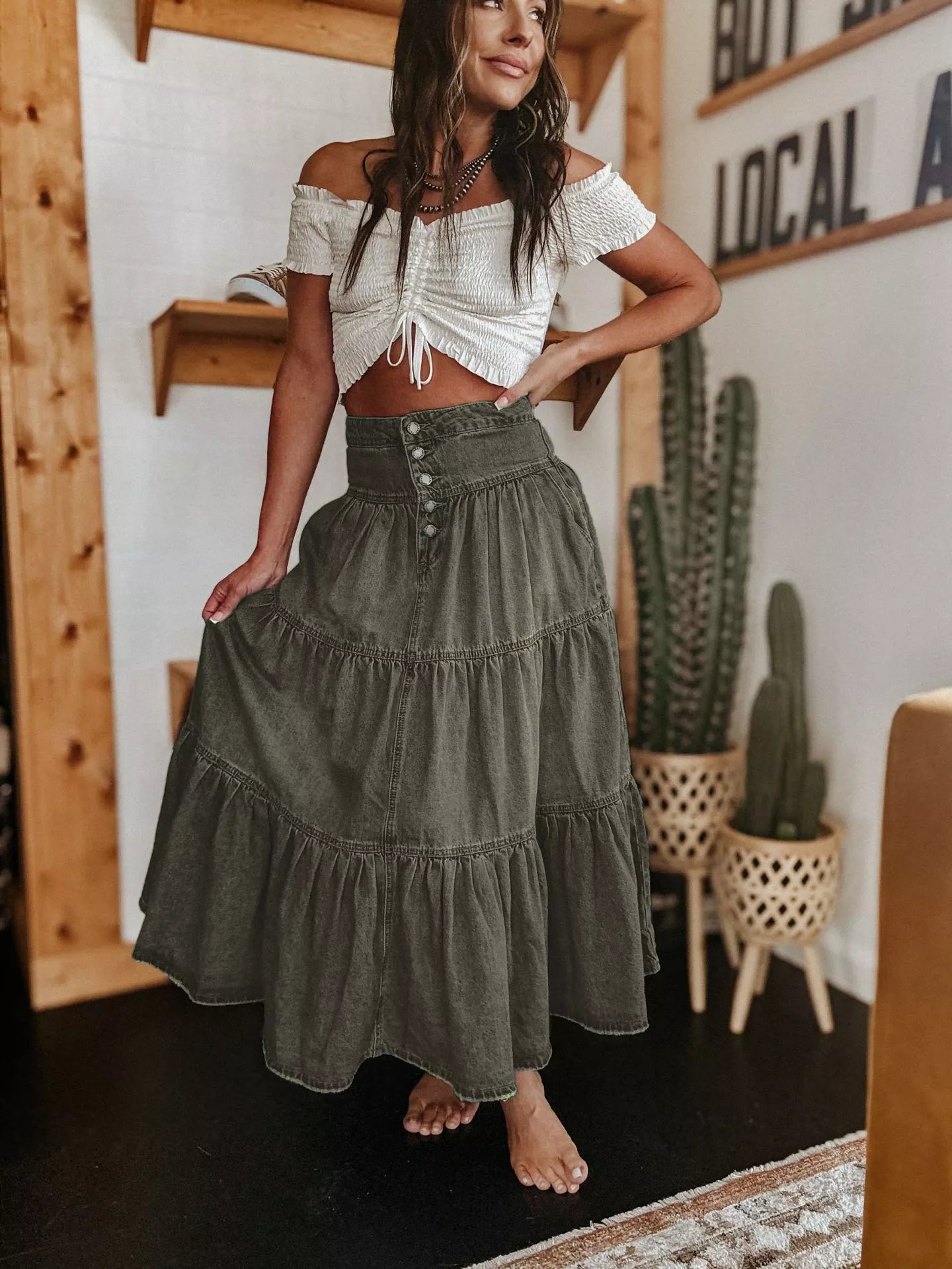 Women's High Waisted Tiered A-Line Denim Maxi Skirt