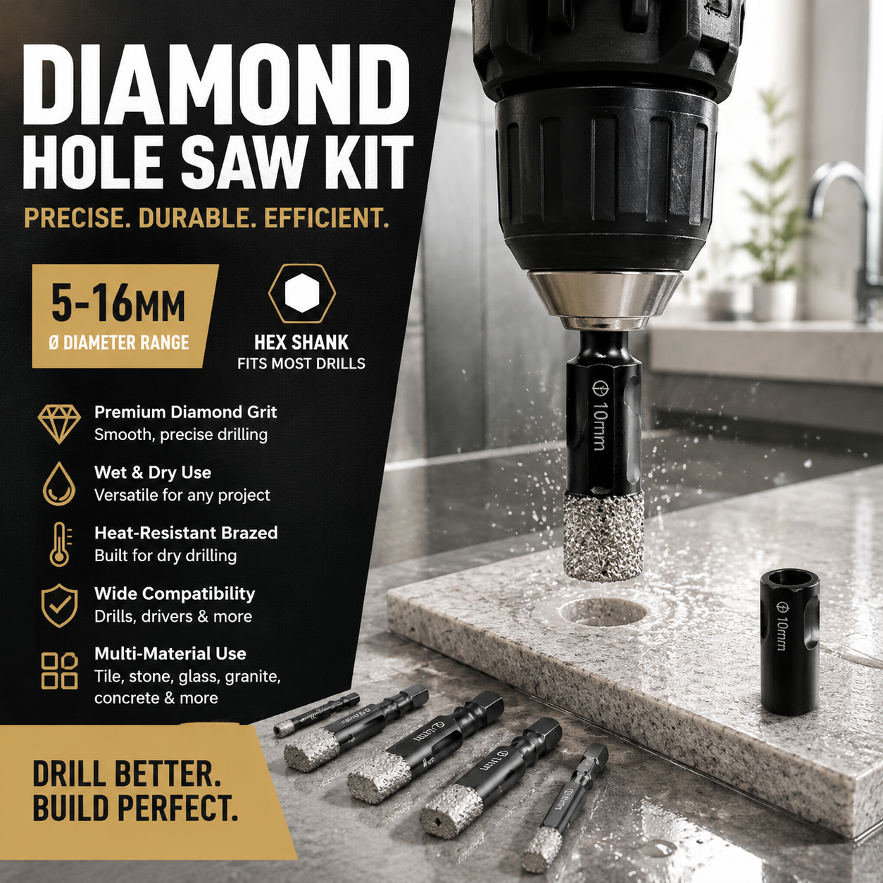 🥳2026 HOT SALE🥳💞50K+ SOLD!🪚🛡️ 50% OFF! Diamond Drill Bits Set – 5‑16mm sizes, hex shank fits most drills. Dry or wet use – smooth, precise holes every time! 💎💪