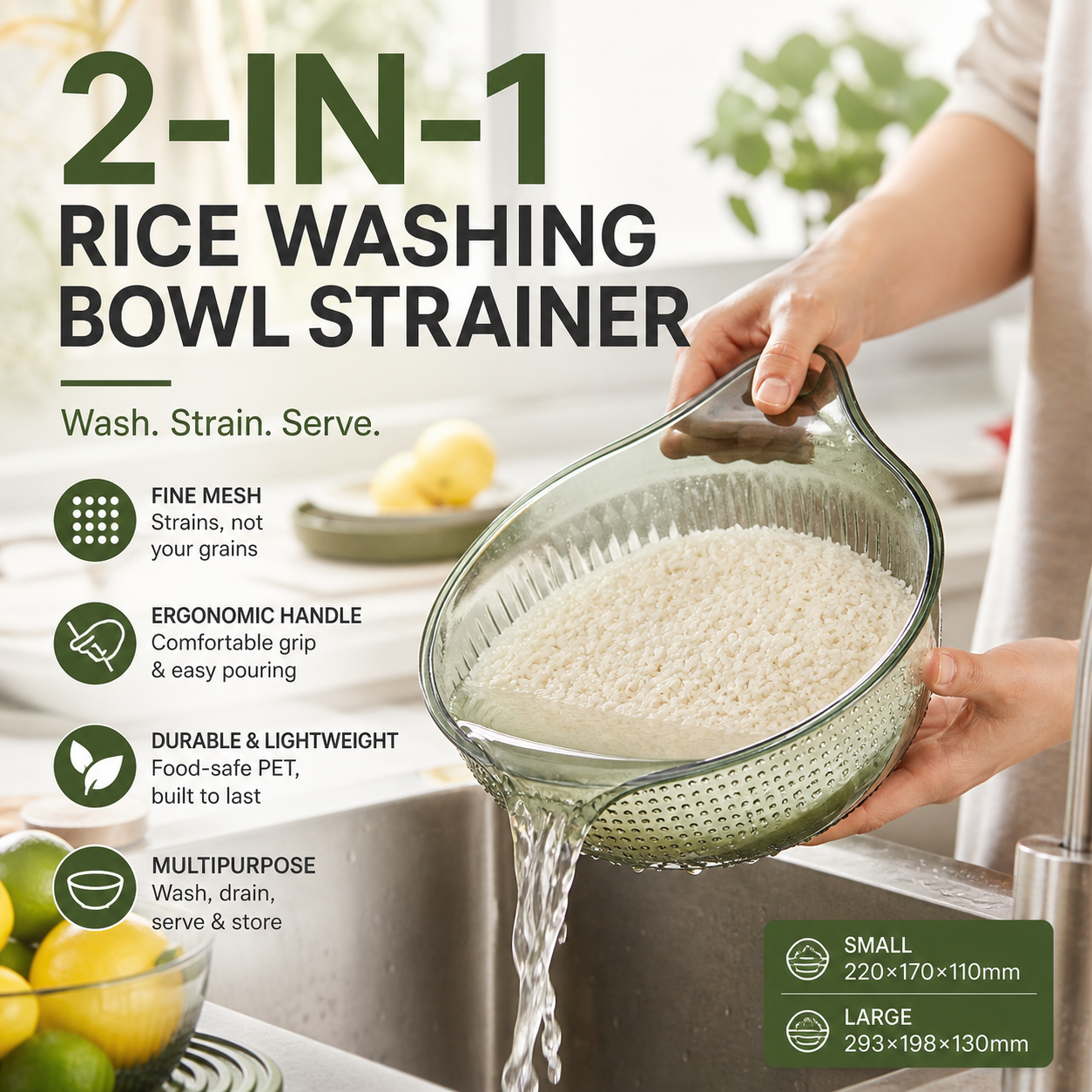🥳HOT SALE🥳💞50K+ SOLD! Rice Washing Bowl – From £7.99! Dual-function, fine mesh & ergonomic handle. Washes & drains perfectly – grab yours! ✅