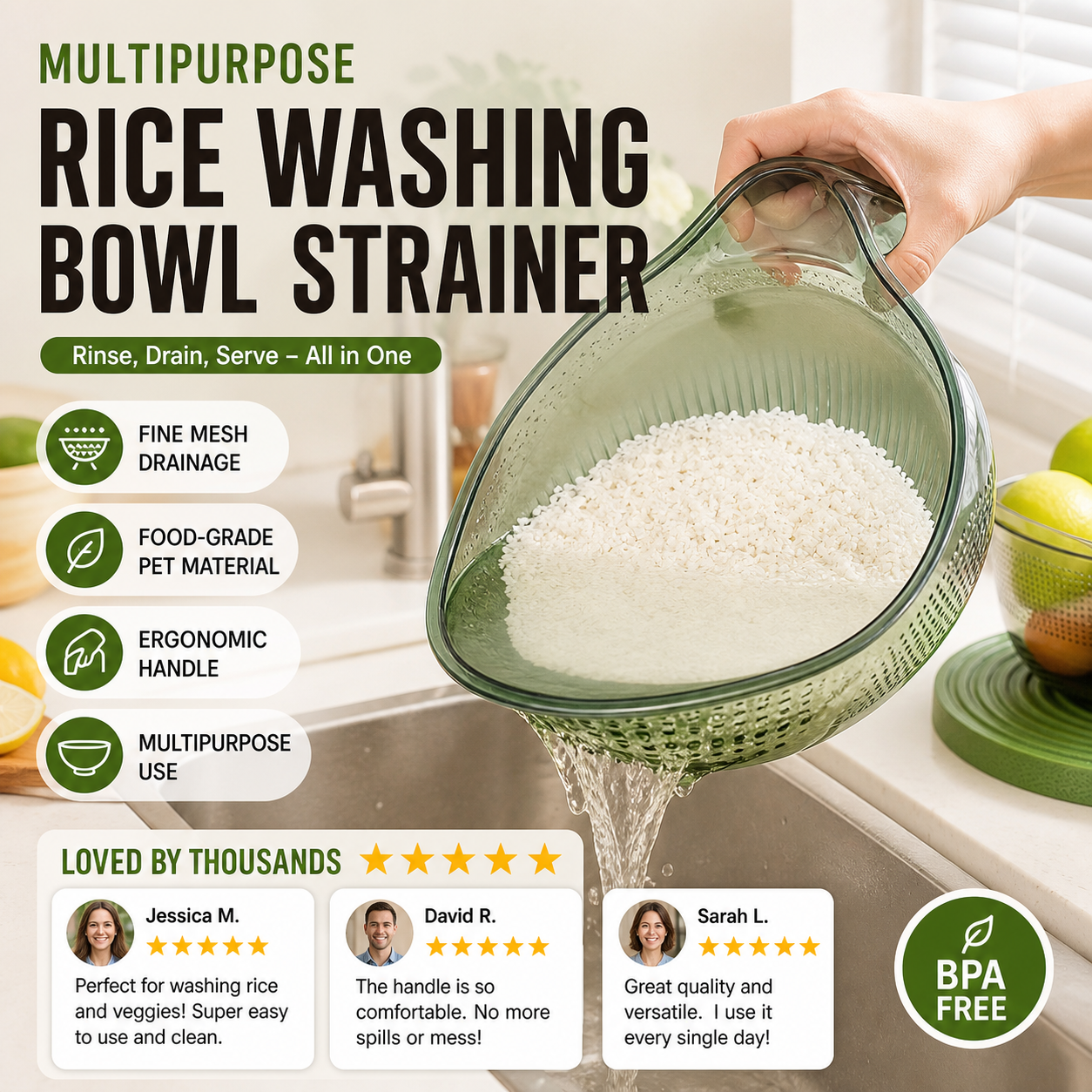 🥳HOT SALE🥳💞50K+ SOLD! Rice Washing Bowl – From £7.99! Dual-function, fine mesh & ergonomic handle. Washes & drains perfectly – grab yours! ✅