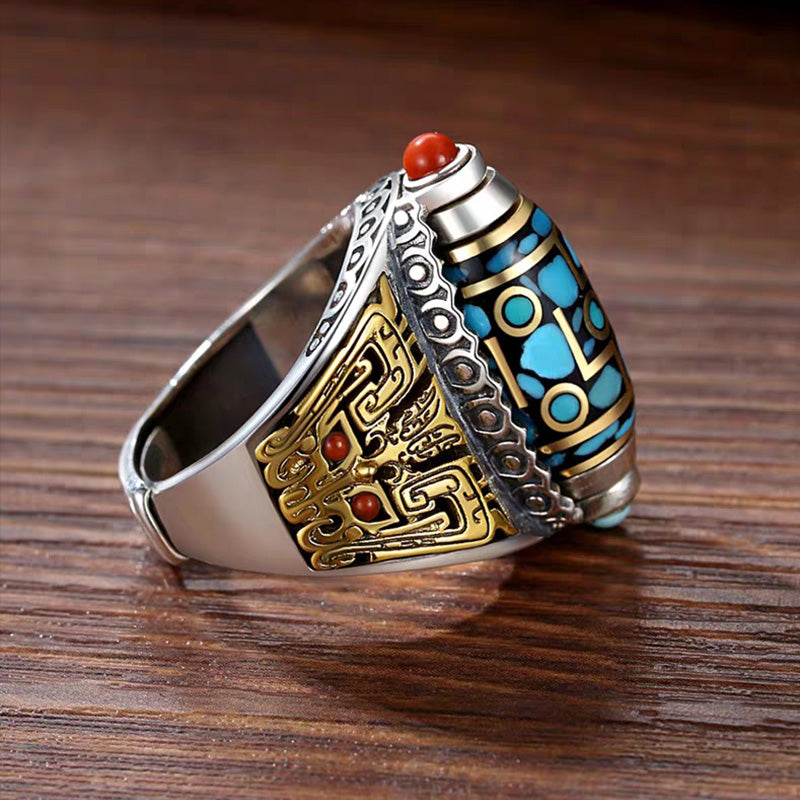 Turquoise Six-character Mantra Nine-eyed Dzi Bead Ring