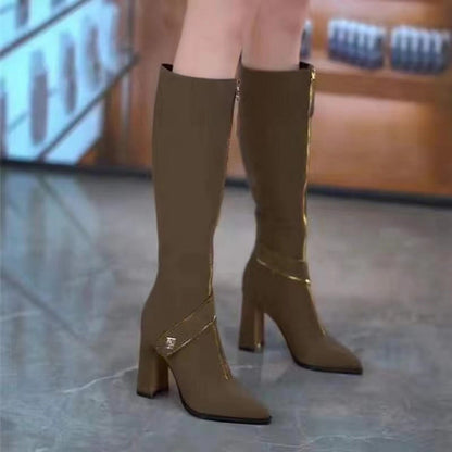 Pointed Toe Chunky Heel Knee High Boots