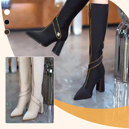 Pointed Toe Chunky Heel Knee High Boots