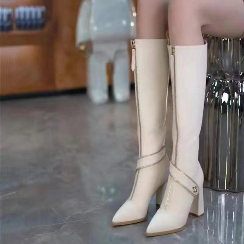 Pointed Toe Chunky Heel Knee High Boots