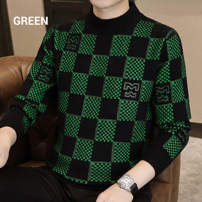 🔥Hot sale 55% OFF🔥Men‘s Checkered Printed Mock Neck Thickened Pullover Sweater