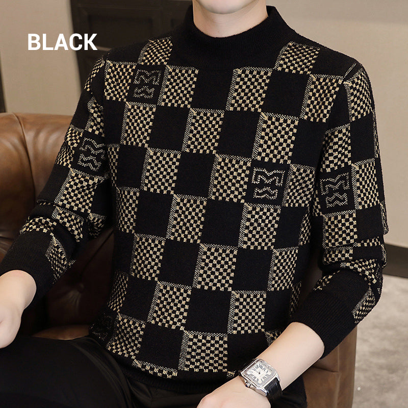 🔥Hot sale 55% OFF🔥Men‘s Checkered Printed Mock Neck Thickened Pullover Sweater