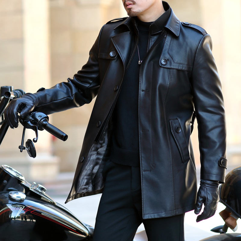 Men's PU Leather Double-Breasted Trench Coat