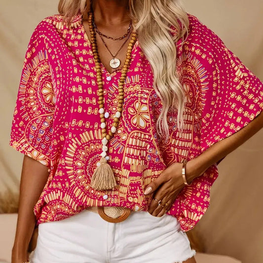 💃 Last Day Sale 50% Off 💐Women's Vacation Style Loose V-Neck Printed Top with Dolman Sleeves
