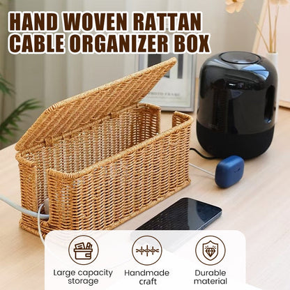 Hand Woven Rattan Cable Organizer Box with Lid