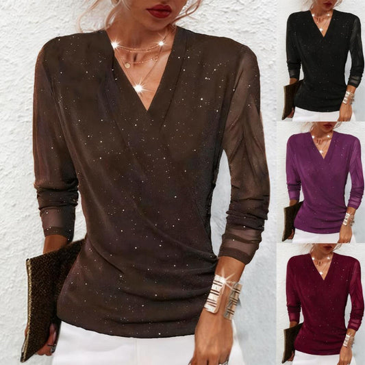 🔥Hot Sale Offers-Women's Sparkle Crossover V-Neck Long Sleeve Top