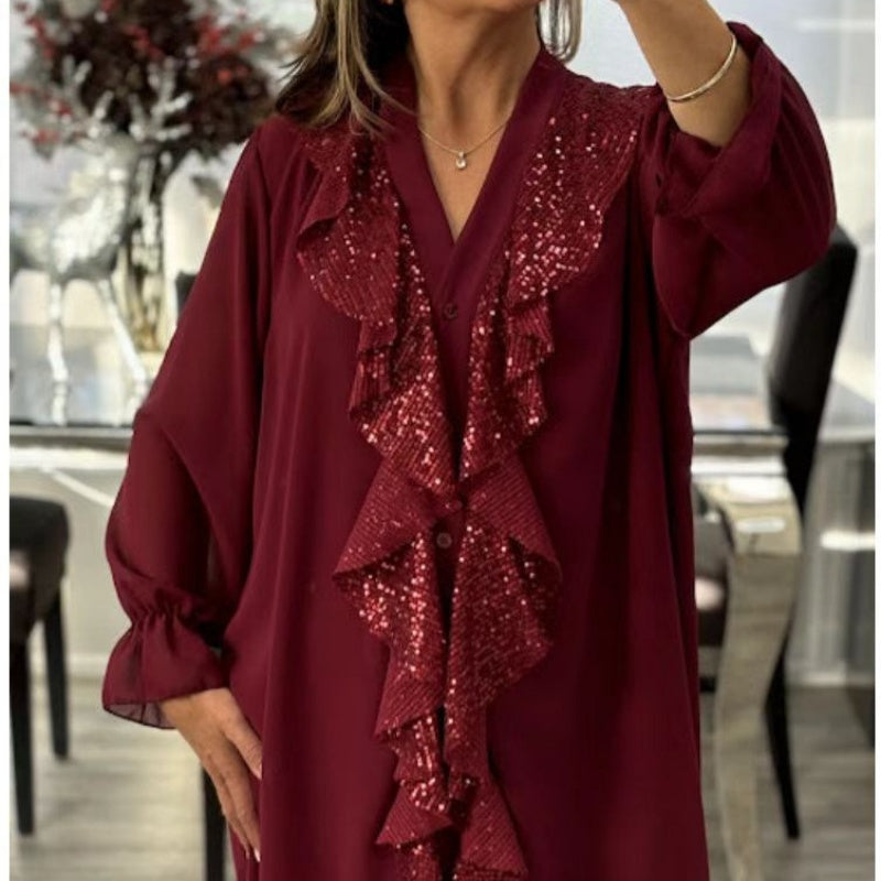 📢📢60 % OFF !!✨Women's V-Neck Chiffon Sequin Long Sleeve Shirt