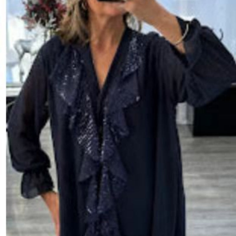 📢📢60 % OFF !!✨Women's V-Neck Chiffon Sequin Long Sleeve Shirt
