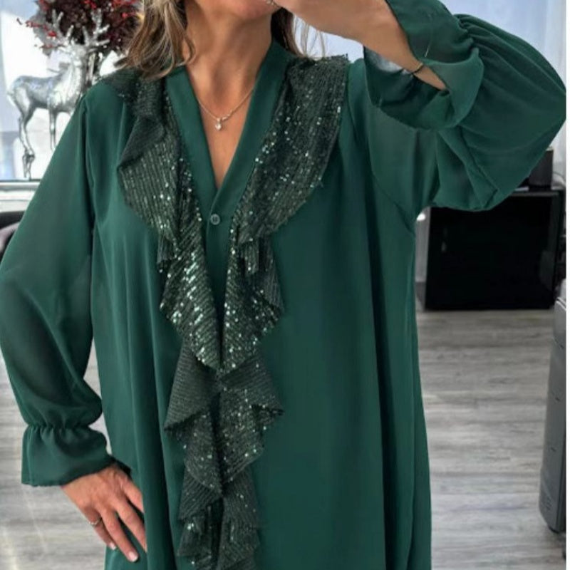 📢📢60 % OFF !!✨Women's V-Neck Chiffon Sequin Long Sleeve Shirt