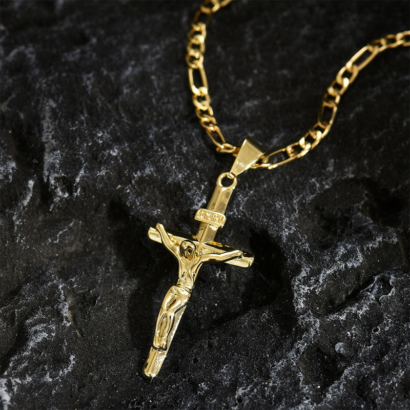 ✝️ 50% OFF NOW! ✨ Gold Crucifix Necklace – Detailed INRI Motif, Adjustable Figaro Chain & Hypoallergenic Finish 💛