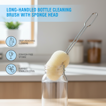 Long-handle bottle cleaning brush with sponge head