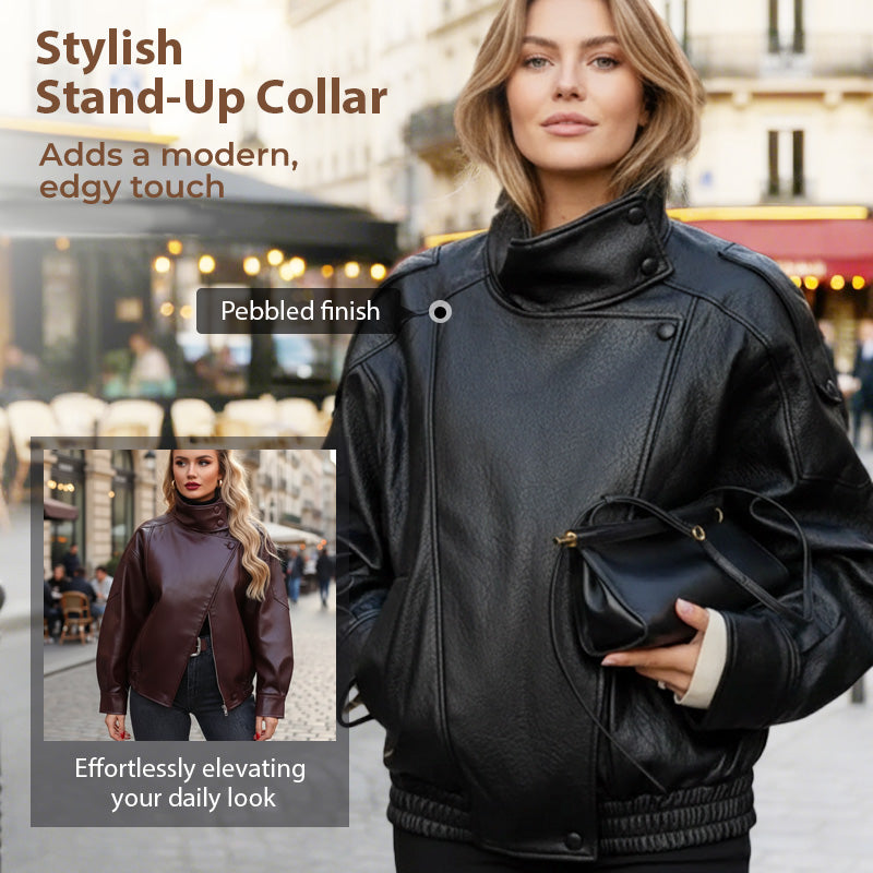 ⚡Faux Leather Stand Collar Oversized Moto Jacket
