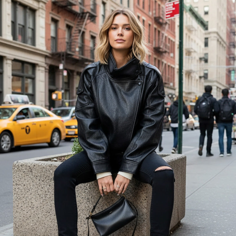 ⚡Faux Leather Stand Collar Oversized Moto Jacket