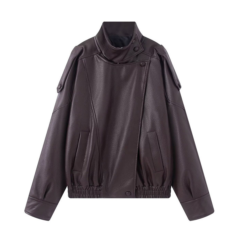 ⚡Faux Leather Stand Collar Oversized Moto Jacket