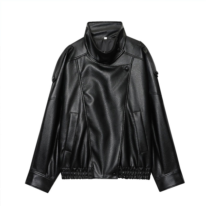 ⚡Faux Leather Stand Collar Oversized Moto Jacket