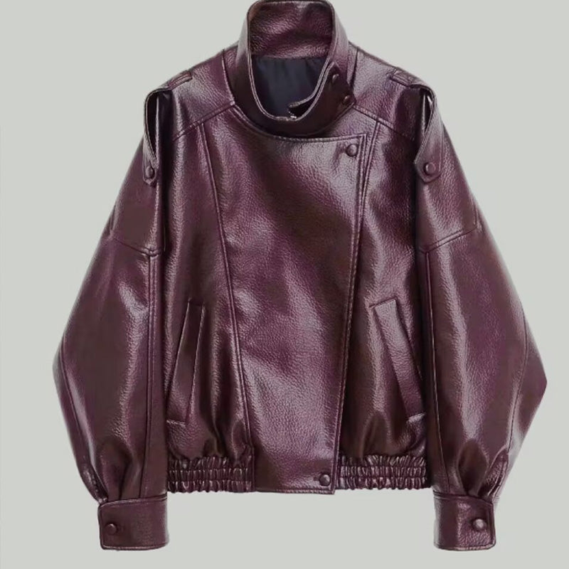 ⚡Faux Leather Stand Collar Oversized Moto Jacket
