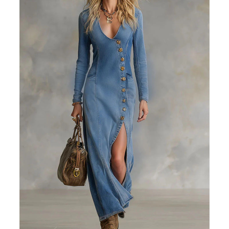 🐋New arrival 60% OFF!🥰Women's Long Sleeve V-Neck Maxi Dress – Soft Fabric, Bodycon Fit & Elegant High Slit👗