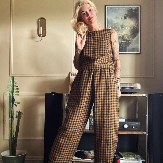 Women's Plaid Sleeveless Top & Wide Leg Pants Set