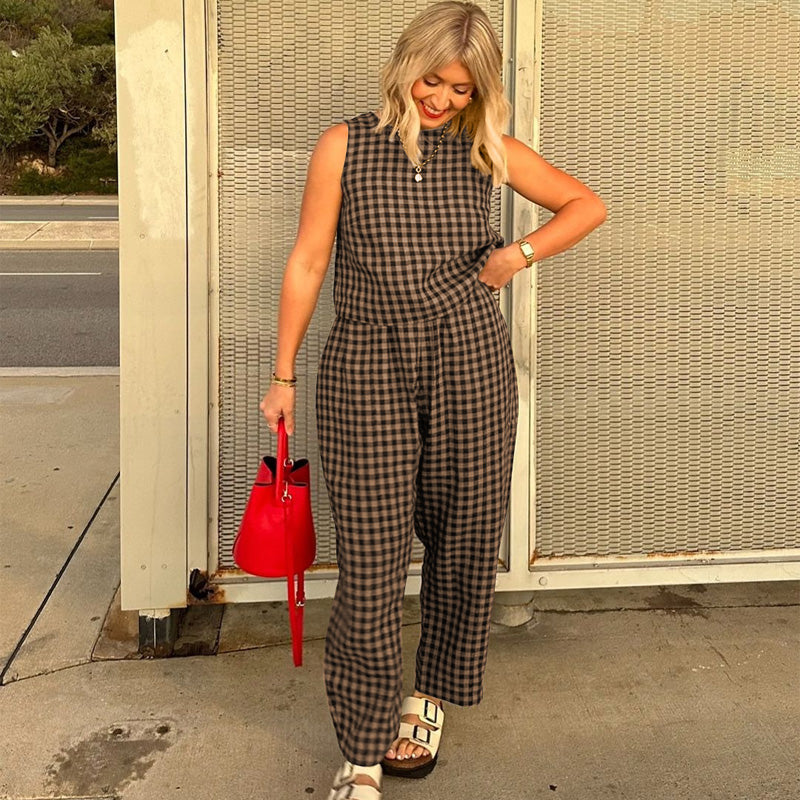 Women's Plaid Sleeveless Top & Wide Leg Pants Set