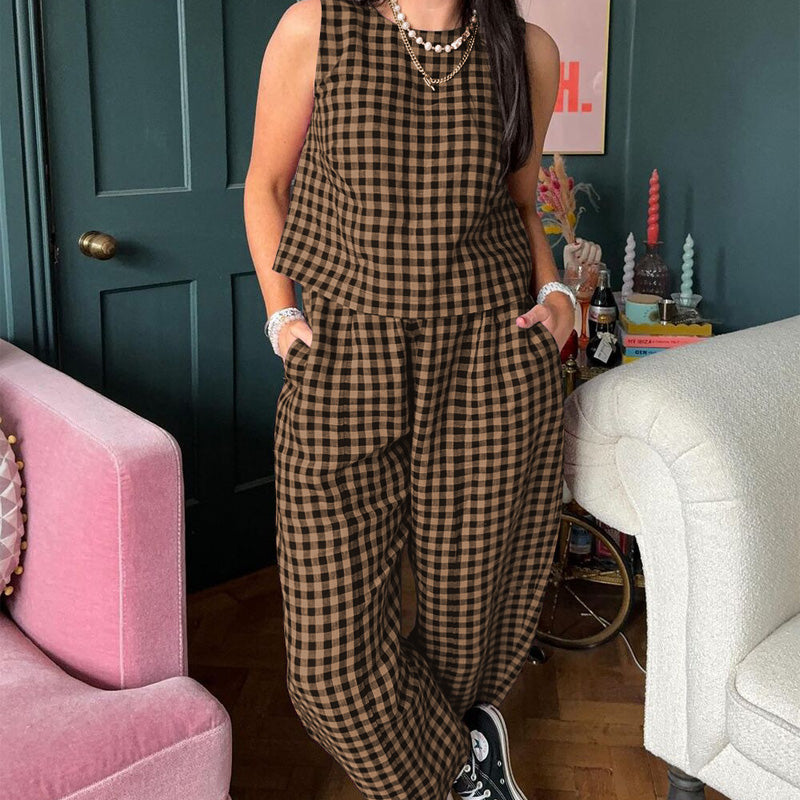 Women's Plaid Sleeveless Top & Wide Leg Pants Set